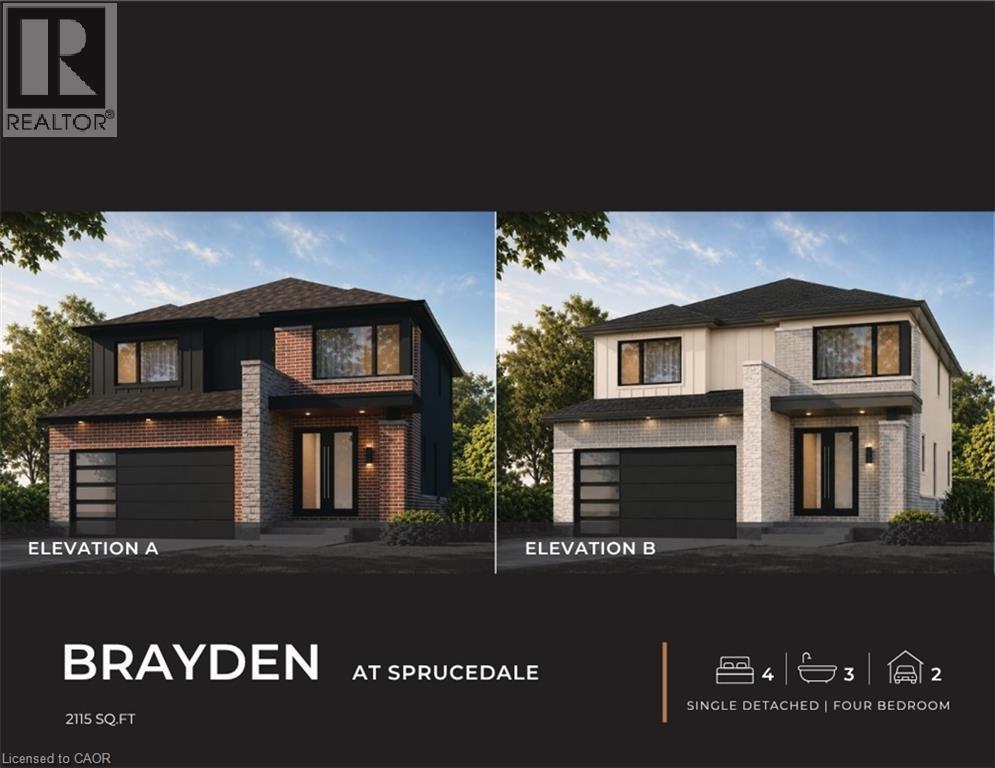 Property Brochure. Presenting two exterior design options for the property, detailing specifications including square footage, bedroom count, and property type - 56 Sprucedale Crescent, Kitchener, ON