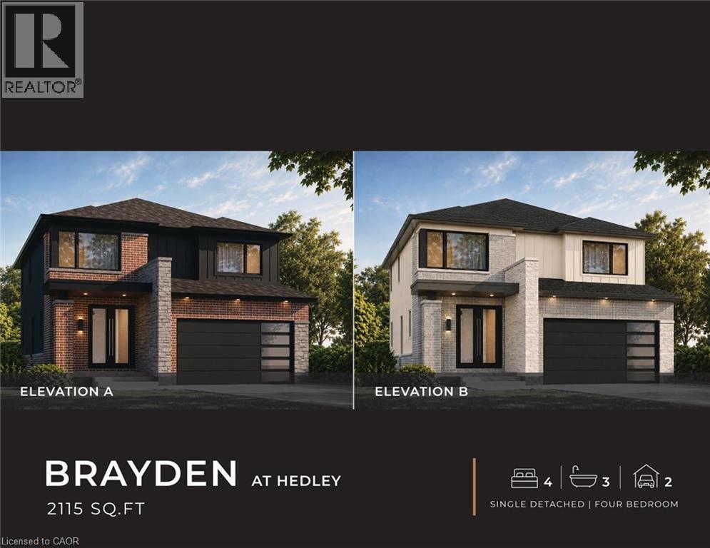 Marketing Brochure. Displaying two distinct architectural elevations for a single-detached property with four bedrooms and a total area of 2115 square feet - 148 Hedley Street, Cambridge, ON
