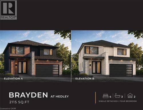 Marketing Brochure. Displaying two distinct architectural elevations for a single-detached property with four bedrooms and a total area of 2115 square feet - 148 Hedley Street, Cambridge, ON 