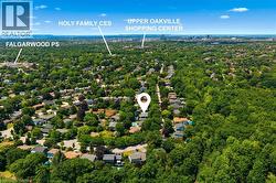 Aerial perspective of a tree-lined residential area with urban amenities in the distance -
