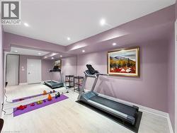 Recessed lighting, wood-finish flooring, full-wall mirrors, tray ceiling, and a white paneled door - 