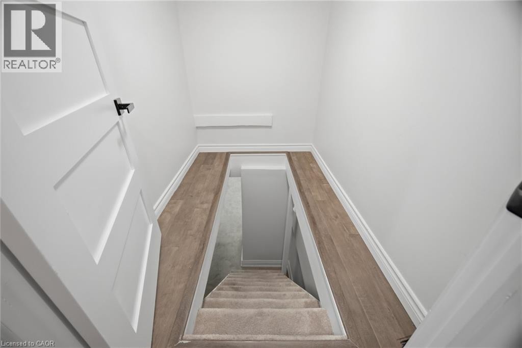 White panel doors with black hardware, wood-finish flooring, white walls, and carpeted stairs - 146 Campbell Avenue, Hamilton, ON