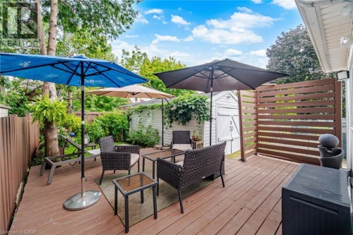 Expansive wooden deck featuring privacy screening and mature trees - 146 Campbell Avenue, Hamilton, ON 