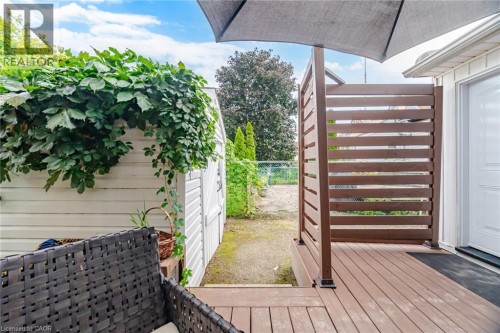 Composite wood deck with privacy screen, white exterior door, and adjacent storage shed - 146 Campbell Avenue, Hamilton, ON 
