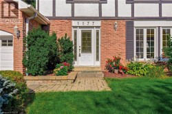 Brick exterior with stucco and dark timber accents, white entry door with decorative glass, paved walkway, dark louvered shutters, and established landscaping -