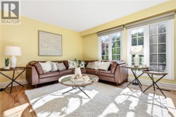 Bright living space with large multi-pane windows and wood-finish flooring -