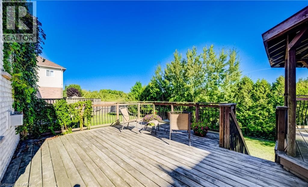 Expansive wood-finish deck with dark wood-finish railings, surrounded by mature trees and greenery - 573 Robert Ferrie Drive, Kitchener, ON
