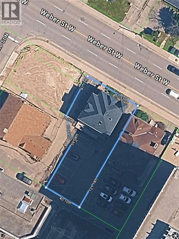 Aerial Map with Property Outline. Displaying the boundaries and dimensions of the property including surrounding streets and structures - 17 Weber Street W, Kitchener, ON