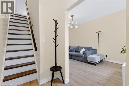 Wood-finish flooring, staircase with dark wood treads and white risers, contemporary chandelier, and light-toned wall paint - 34 Baillie Street, Hamilton, ON 