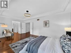 Tray ceiling with crown molding, wood-finish flooring, modern ceiling light fixture, and white interior doors -