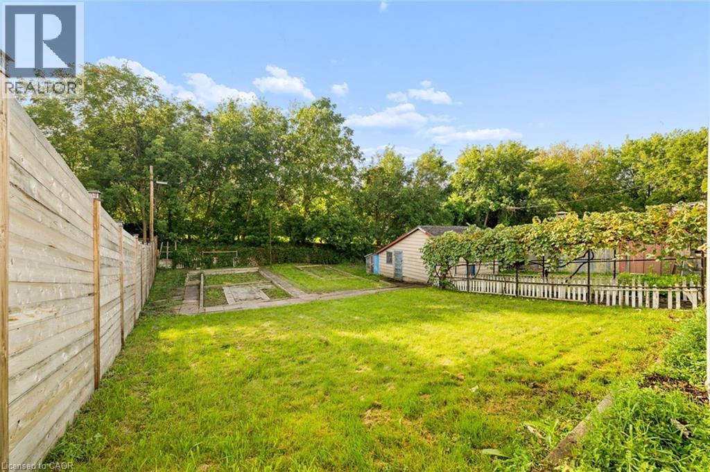 Expansive lawn area with a garden shed, raised garden beds, and mature perimeter trees - 77 Beverly Street, Cambridge, ON