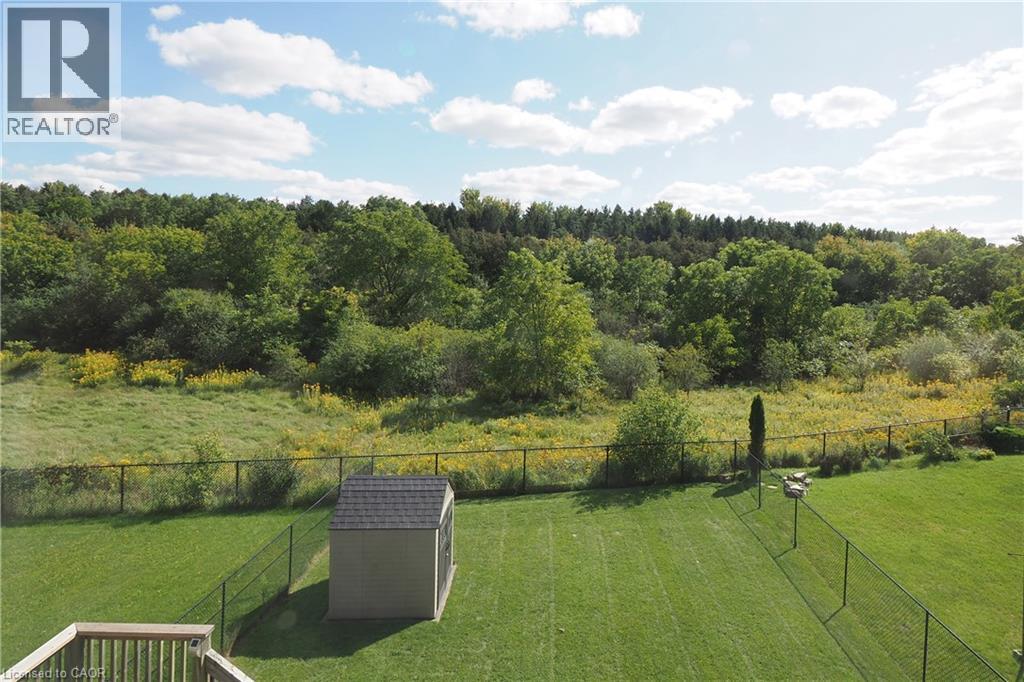Expansive green lawn with a storage shed, wood deck, and chain-link fencing, bordered by mature trees and natural vegetation - 1200 Dunbar Road, Cambridge, ON