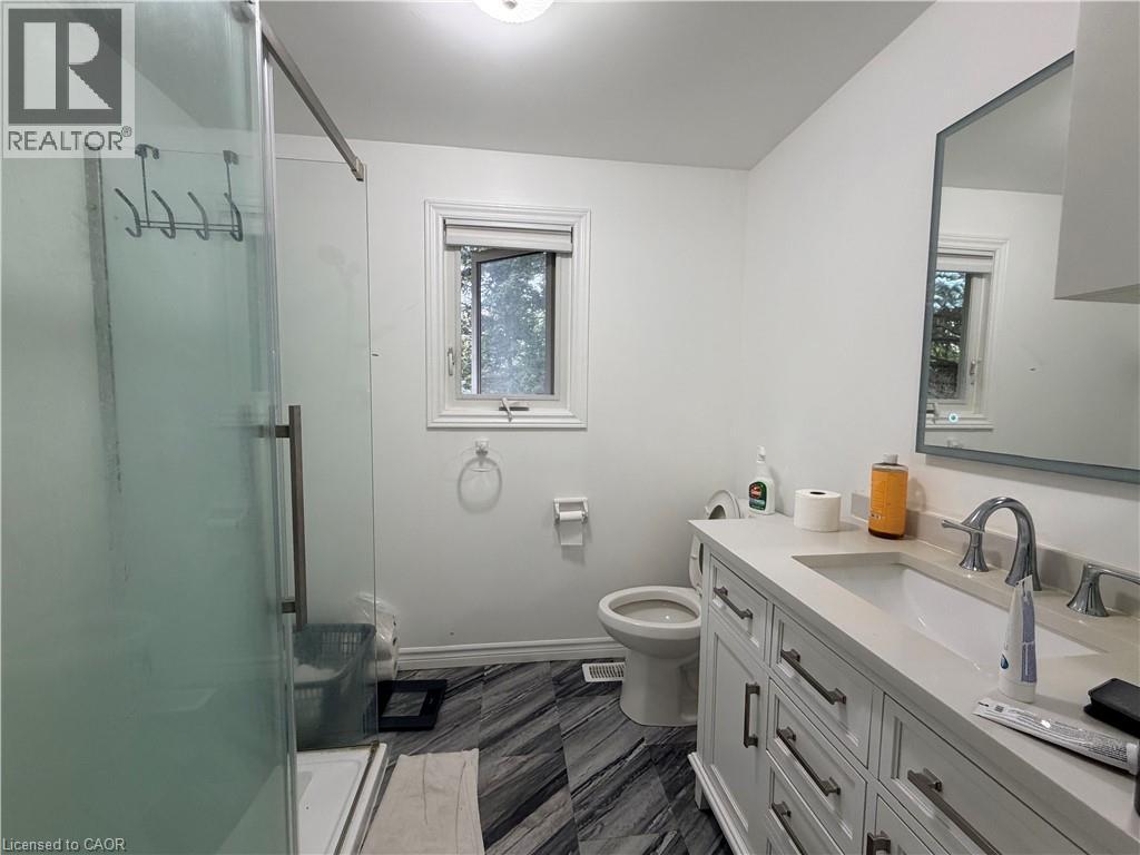 Glass-enclosed shower with a modern handle, white vanity with an integrated sink and chrome faucet, rectangular mirror with a framed edge, and dark patterned floor tiles - 450 Bridge Street W, Waterloo, ON