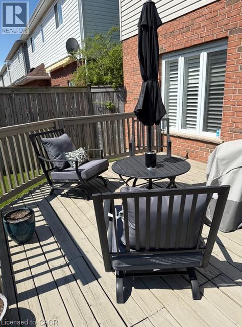 Hardwood deck featuring wood railing and privacy fencing - 5383 Haldimand Crescent, Burlington, ON