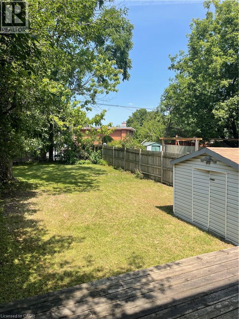 Expansive green lawn with mature perimeter trees, wood fence, and a storage shed - 124 Avalon Place, Kitchener, ON