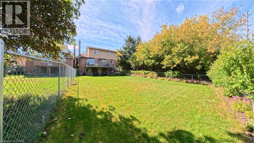 Expansive rear yard with a chain-link fence, mature trees, and a tiered garden bed - 56 Scenic Wood Crescent, Kitchener, ON