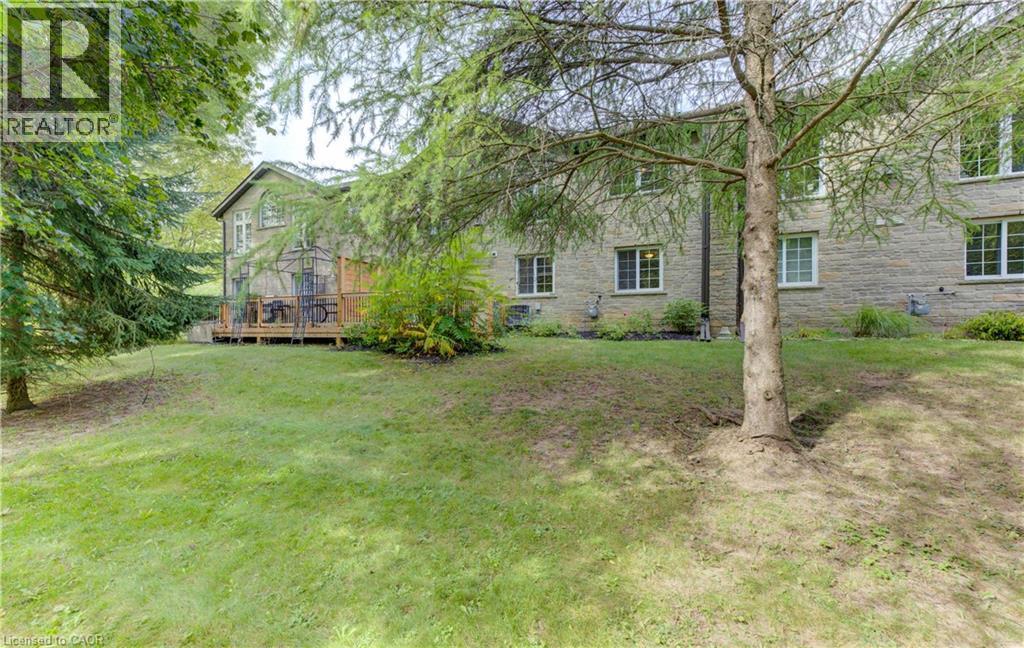 Expansive green lawn with mature trees, stone exterior, multiple windows, and a raised wooden deck with privacy screening - 25 Bankside Drive Unit# 2, Kitchener, ON