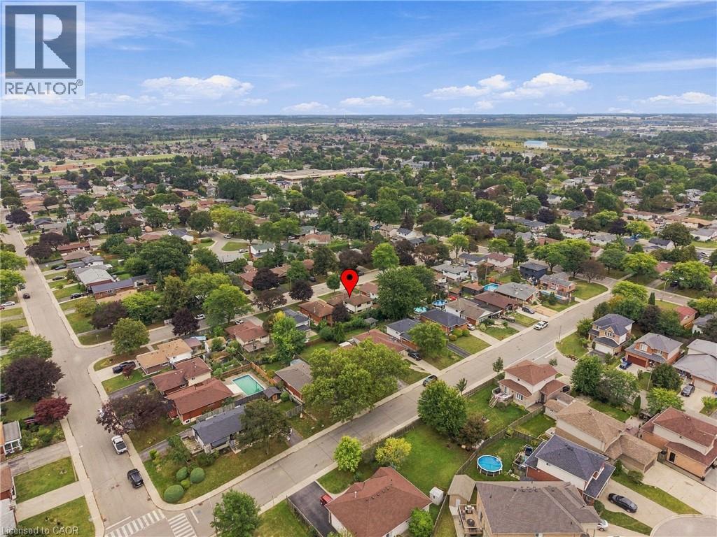 Aerial overview of a residential neighborhood with established streetscapes and mature tree canopy - 22 Sycamore Street, Hamilton, ON