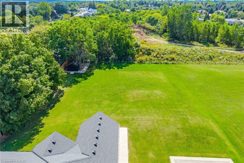 Expansive green lawn with mature trees and a residential roofline - 56 Augustus Street, Scotland, ON