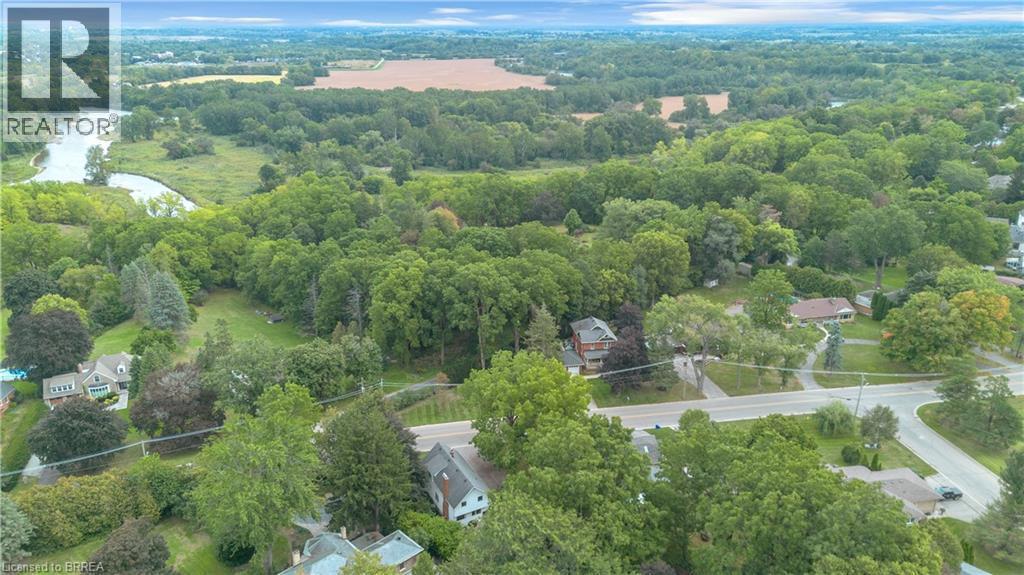 Aerial perspective showcasing expansive tree canopy, a winding river, and distant open fields - 11 Tutela Heights Road, Brantford, ON