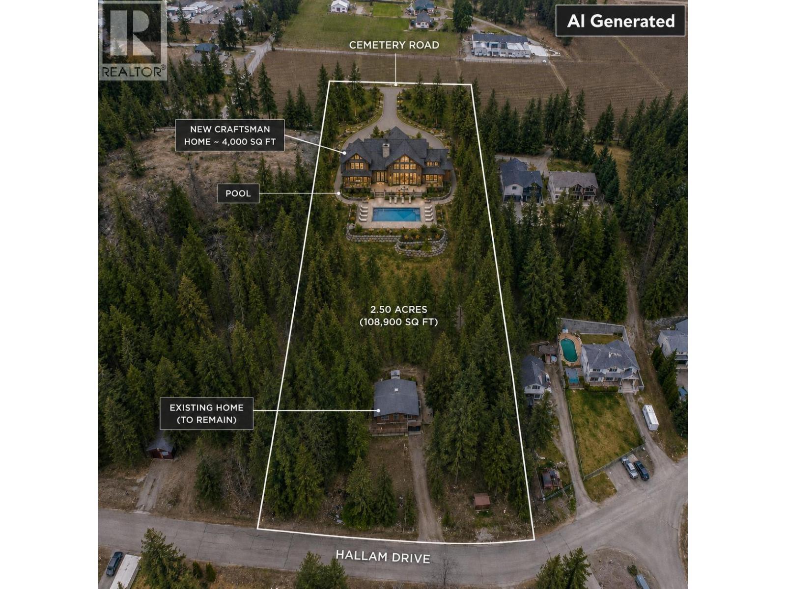 AI Rendering of Home with pool and entry from Cemetery Road. - 11011 Hallam Drive, Lake Country, BC