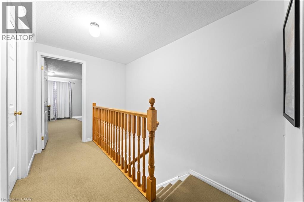 Neutral wall finishes complement the light wood-tone railing and carpeted flooring - 245 Red Clover Court, Kitchener, ON