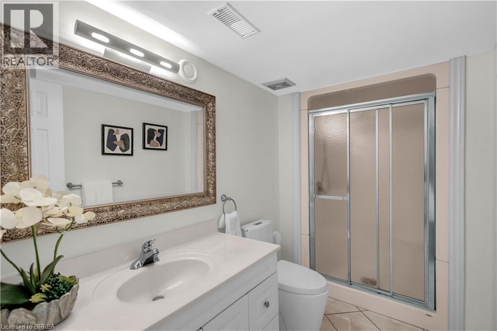 Vanity with integrated sink, chrome faucet, and ornate framed mirror - 302 German School Road, Paris, ON