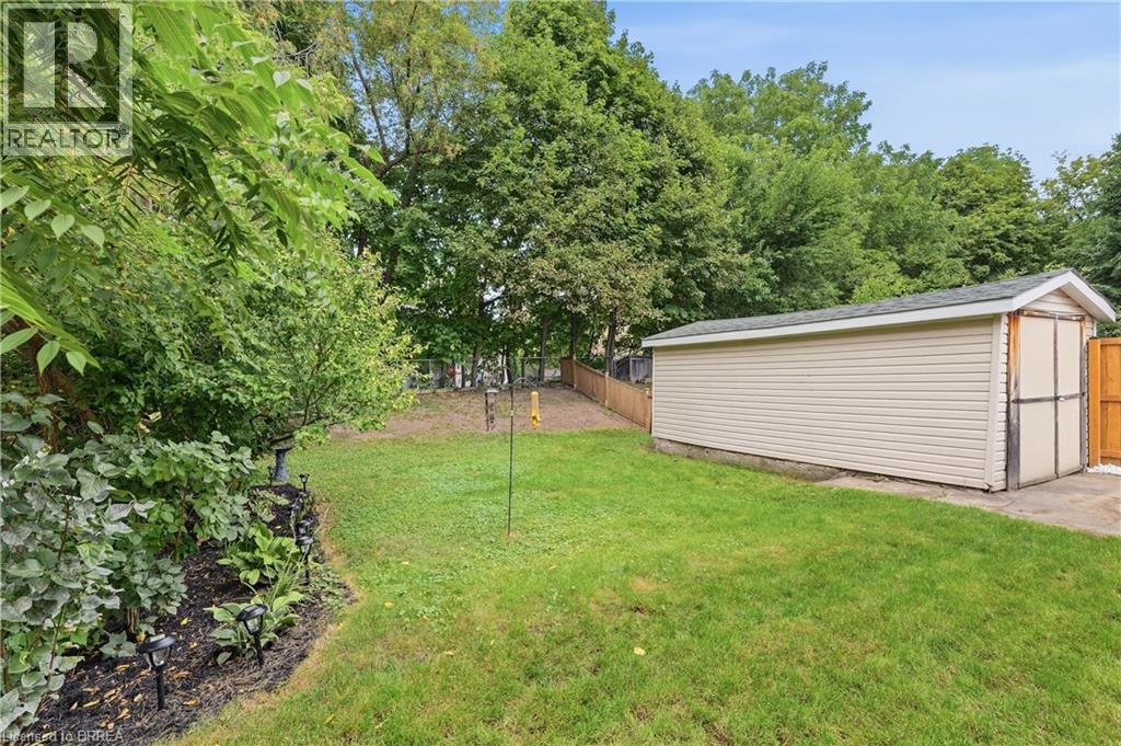 Expansive grassy yard with a detached utility shed featuring horizontal siding and a gable roof - 87 Strathcona Avenue, Brantford, ON