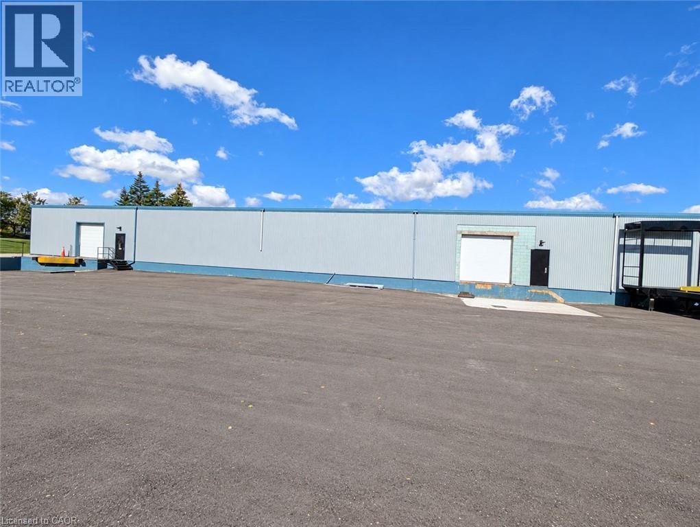 Expansive paved surface, light blue panel building exterior, two white roll-up doors, multiple black entry doors, and a loading dock - 97 Ardelt Avenue, Kitchener, ON