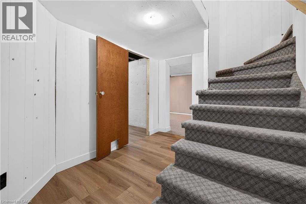 Wood-finish flooring, white paneled walls, and carpeted staircase - 176 Avalon Place, Kitchener, ON