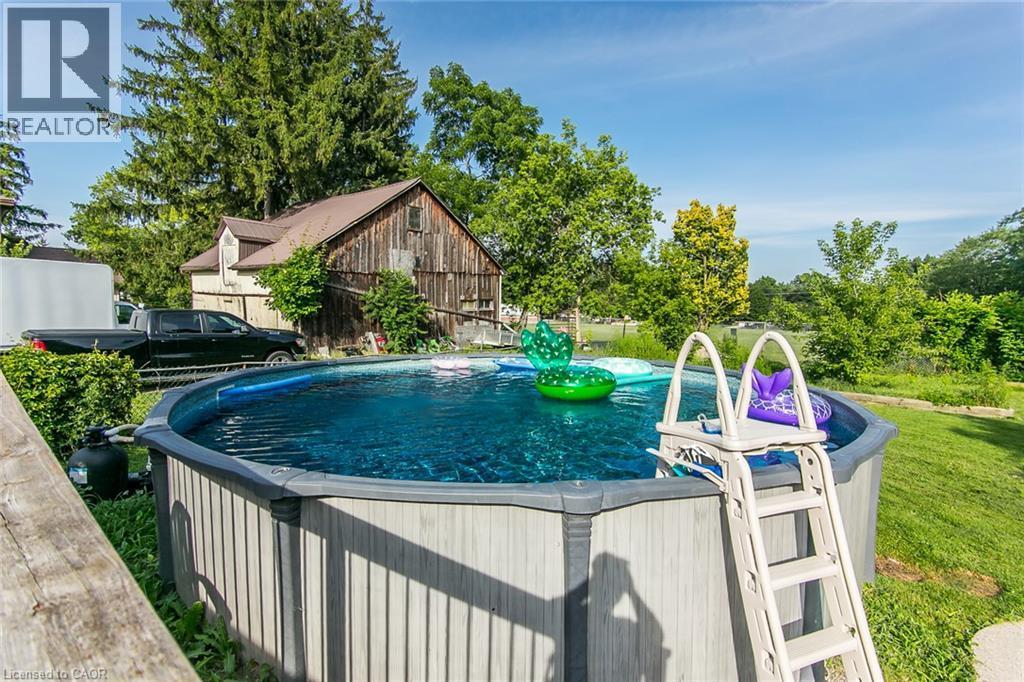 Above-ground swimming pool with an attached ladder, surrounded by green landscaping and mature trees - 393 Huron Street, New Hamburg, ON