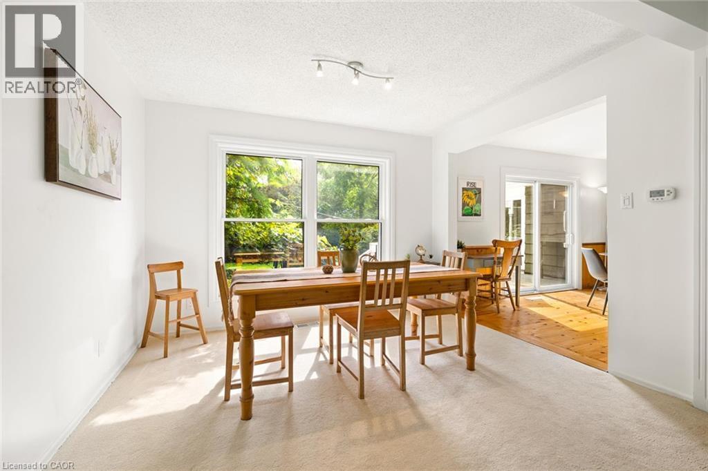 Bright dining area with a large window, track lighting, and light-toned carpeting - 351 Craigleith Drive, Waterloo, ON