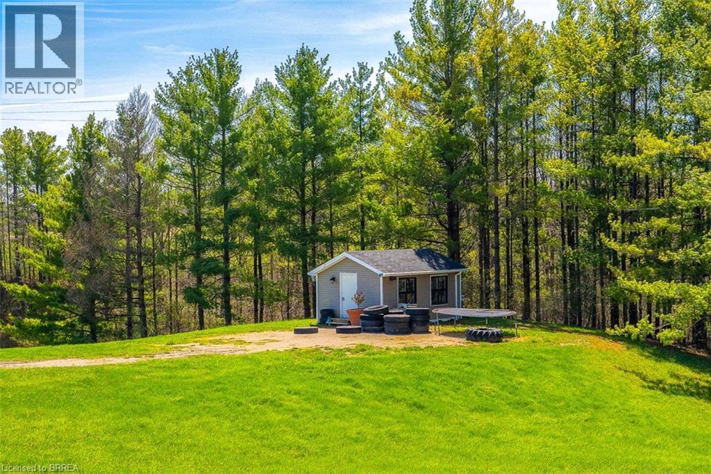 Detached accessory structure with a gray siding exterior and dark shingle roof, positioned on a sloped grassy terrain - 47 River Road, Brantford, ON