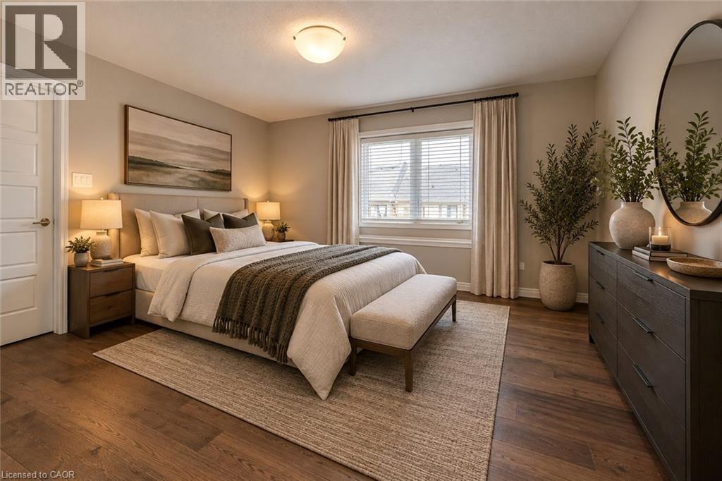 Wood-finish flooring with a neutral wall color, large window with blinds and drapes, and a contemporary ceiling light fixture - 212 Ellen Davidson Drive, Oakville, ON