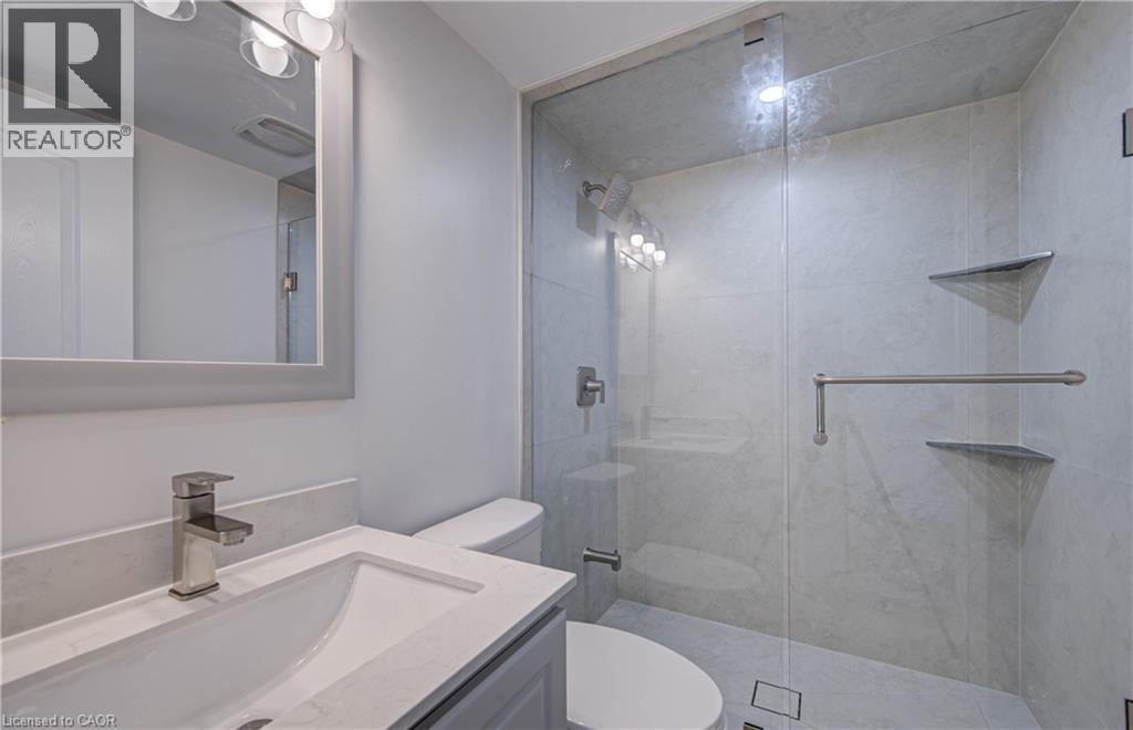 Bathroom featuring a glass-enclosed shower with integrated shelving, a sleek vanity with an undermount sink, and a framed mirror with integrated lighting - 210 Ferguson Avenue, Cambridge, ON