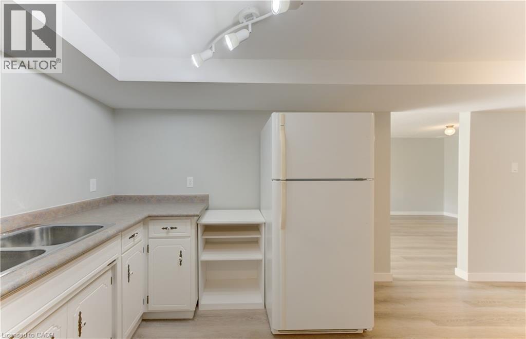 Kitchenette featuring white cabinetry, a double basin stainless steel sink, and track lighting - 64 Stanley Street, Cambridge, ON