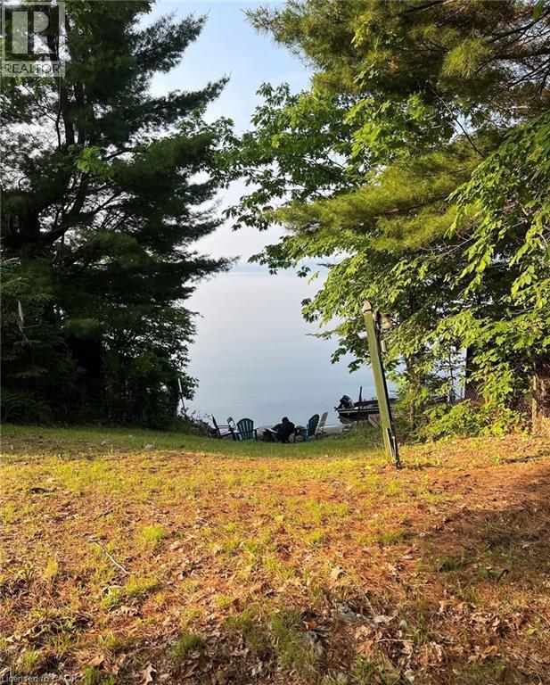 Sloping grassy terrain with mature trees, leading to a body of water with a dock structure - 16431 Highway 35, Algonquin Highlands, ON