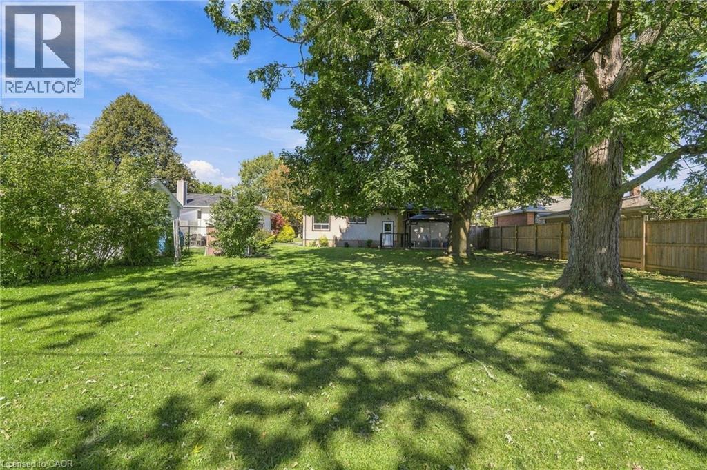 Expansive grassy yard with mature trees, a wood privacy fence, and rear exterior building elements - 49 Beverly Crescent, Welland, ON