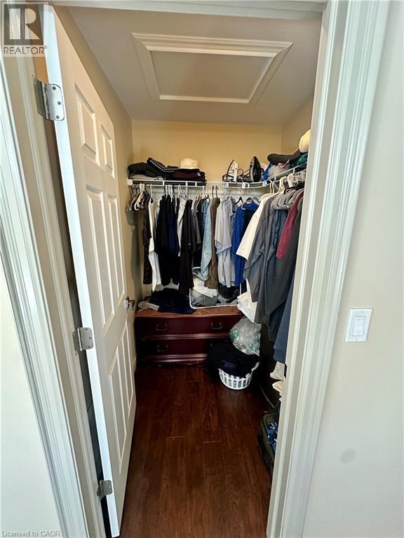 Walk-in closet featuring wood-finish flooring, built-in shelving, and a decorative ceiling detail - 5 Arden Avenue, Hamilton, ON