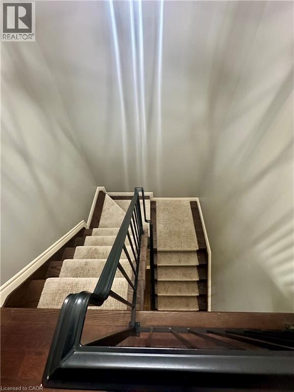 Dual staircases with carpeted treads and wood-finish risers, complemented by a black metal railing - 5 Arden Avenue, Hamilton, ON