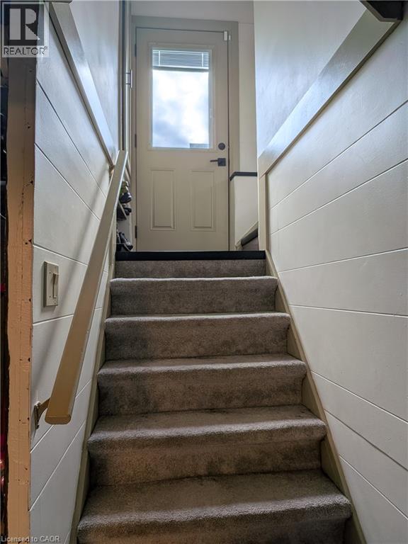 Carpeted staircase with a wood handrail, leading to an exterior door with a glass panel, flanked by paneled walls - 487 Scholfield Avenue N, Welland, ON