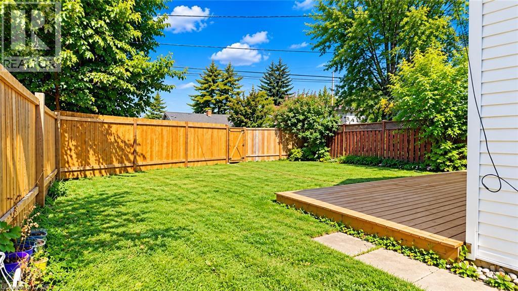 Expansive fenced backyard featuring a wood-plank deck, lush green lawn, and mature perimeter trees - 76 Avenue Road, Cambridge, ON
