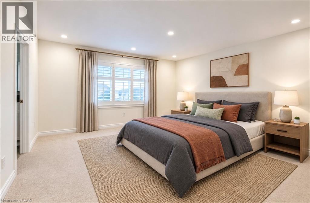 Shower with glass enclosure, single vanity with brown marble-finish countertop, white cabinetry with dark hardware, and light-tone wood-finish flooring - 52 Pointer Street, Cambridge, ON