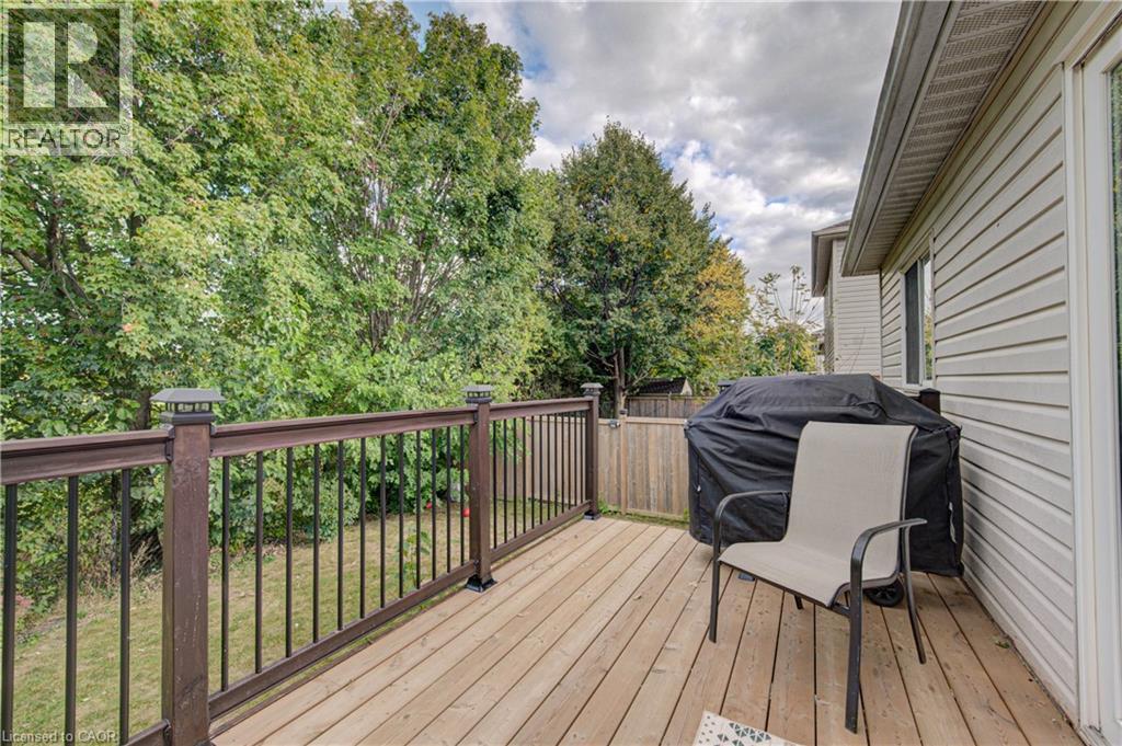 Expansive deck with wood-finish flooring, dark-toned railing, and surrounding mature trees - 317 Christopher Drive, Cambridge, ON