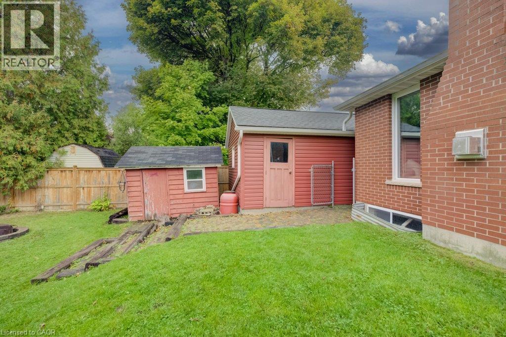 Expansive lawn area featuring a brick exterior, two storage sheds, and a wood privacy fence - 37 Margaret Avenue N, Waterloo, ON