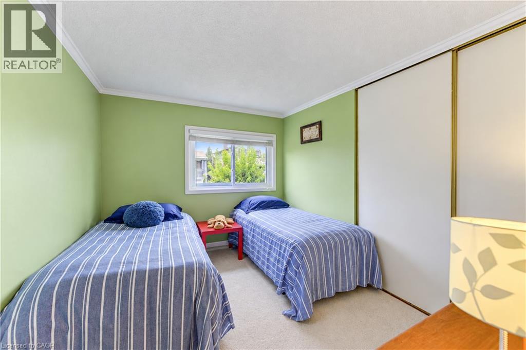 Light green wall color, crown molding, double closet with sliding doors, white window trim, and carpeted flooring - 104 Deerwood Crescent, Kitchener, ON