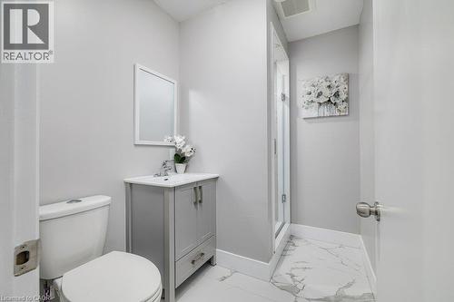 Porcelain tile flooring, white vanity with integrated sink, chrome faucet, wall-mounted mirror, and glass-enclosed shower - 125 Cathcart Street, Hamilton, ON 