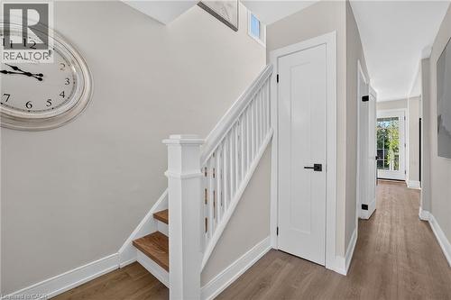 Warm wood-finish flooring, white trim, and light gray wall paint - 215 Paling Avenue, Hamilton, ON 