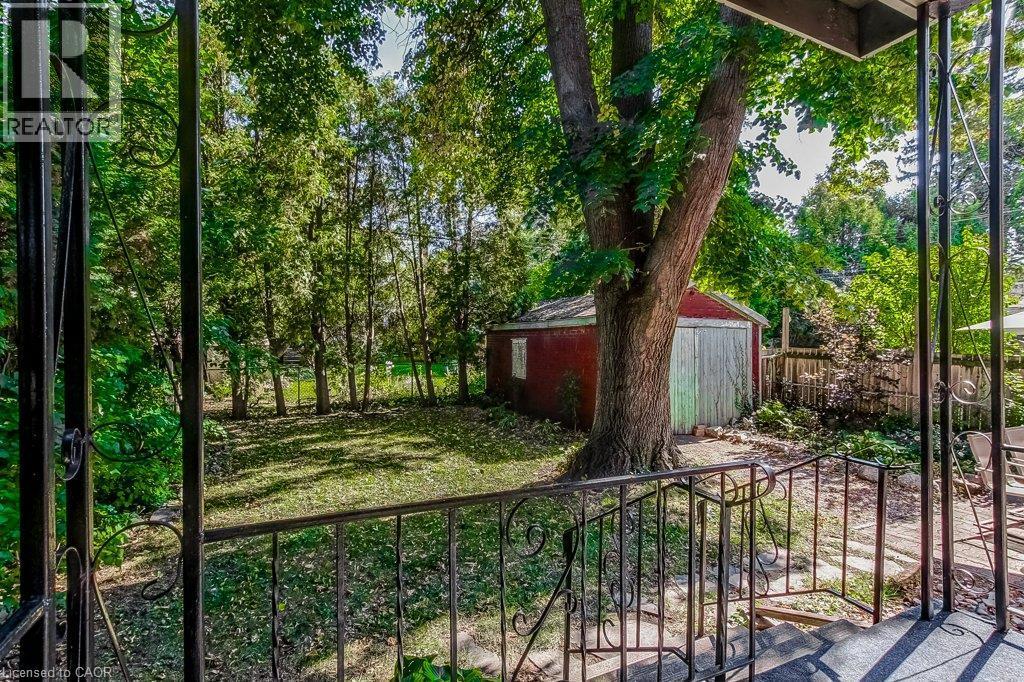 Spacious backyard with mature trees, manicured lawn, and a red storage shed - 43 Rosslyn Avenue S, Hamilton, ON