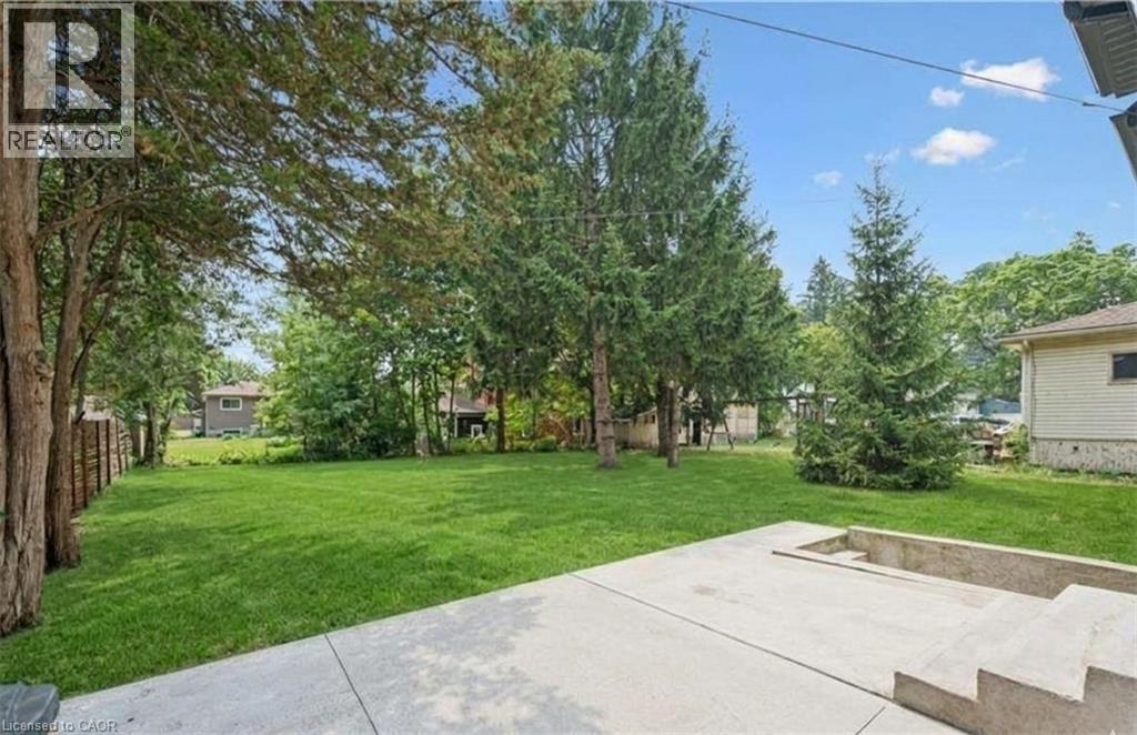 yard with mature trees, a concrete patio, and built-in concrete steps - 245 Lowther Street S, Cambridge, ON